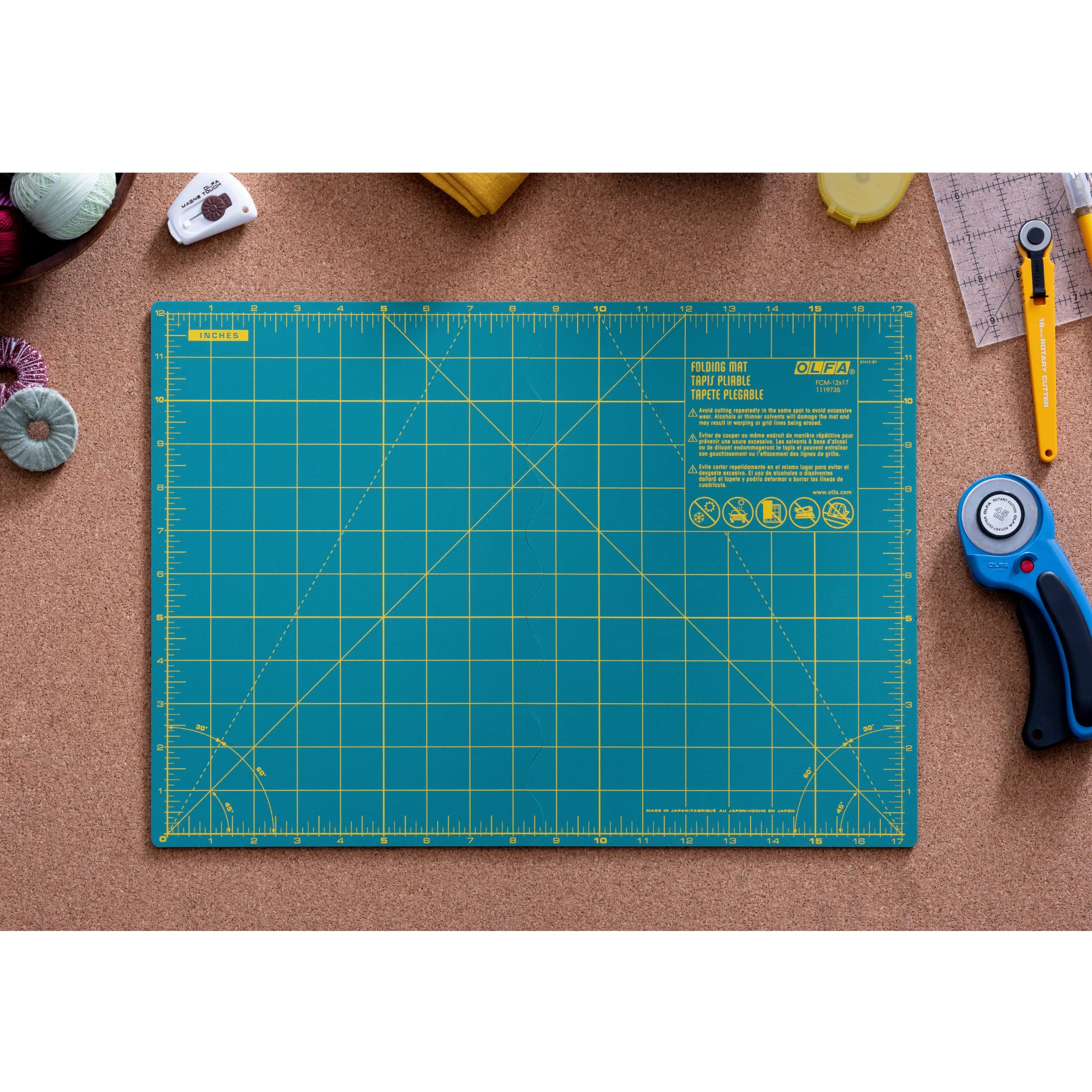 OLFA 12" x 17" Folding Cutting Mat (FCM-12x17) - Self Healing 12x17 Inch Foldable Rotary Mat with Grid for Quilting, Sewing, Fabric, & Crafts, Use with Rotary Cutters & Fixed Blade Knives (Green) - Image 3