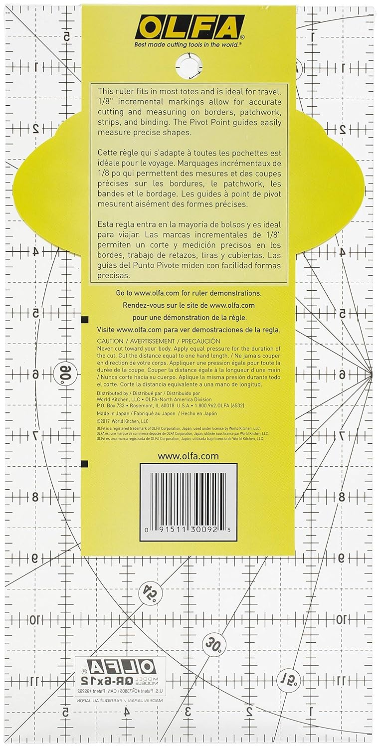 OLFA 6" x 12" Frosted Advantage Acrylic Ruler (QR-6x12) - Non Slip 6x12 Inch Acrylic Ruler with Grid & Angle Markings for Quilting, Sewing, Cutting Fabric, & Crafts - Image 3