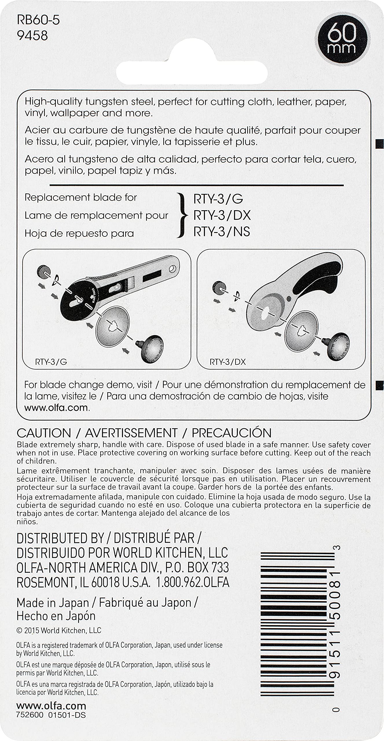 OLFA 60mm Rotary Cutter Replacement Blades, 5 Blades (RB60-5) - Tungsten Steel Circular Rotary Fabric Cutter Blade for Crafts, Sewing, Quilting, Fits Most 60mm Rotary Cutters - Image 3