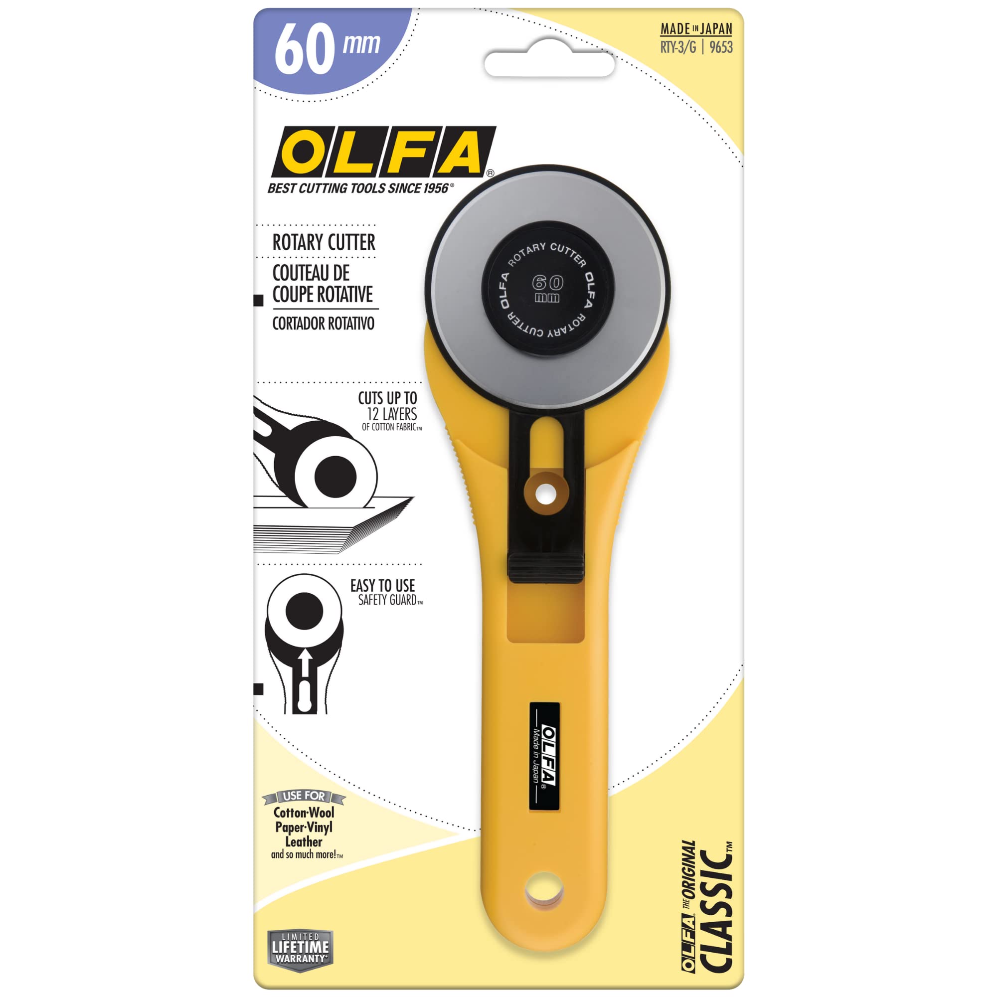 OLFA 60mm Straight Handle Rotary Cutter (RTY-3/G) - Rotary Fabric Cutter w/Blade Cover for Crafts, Sewing, Quilting, Replacement Blade: OLFA RB60-1 - Image 6
