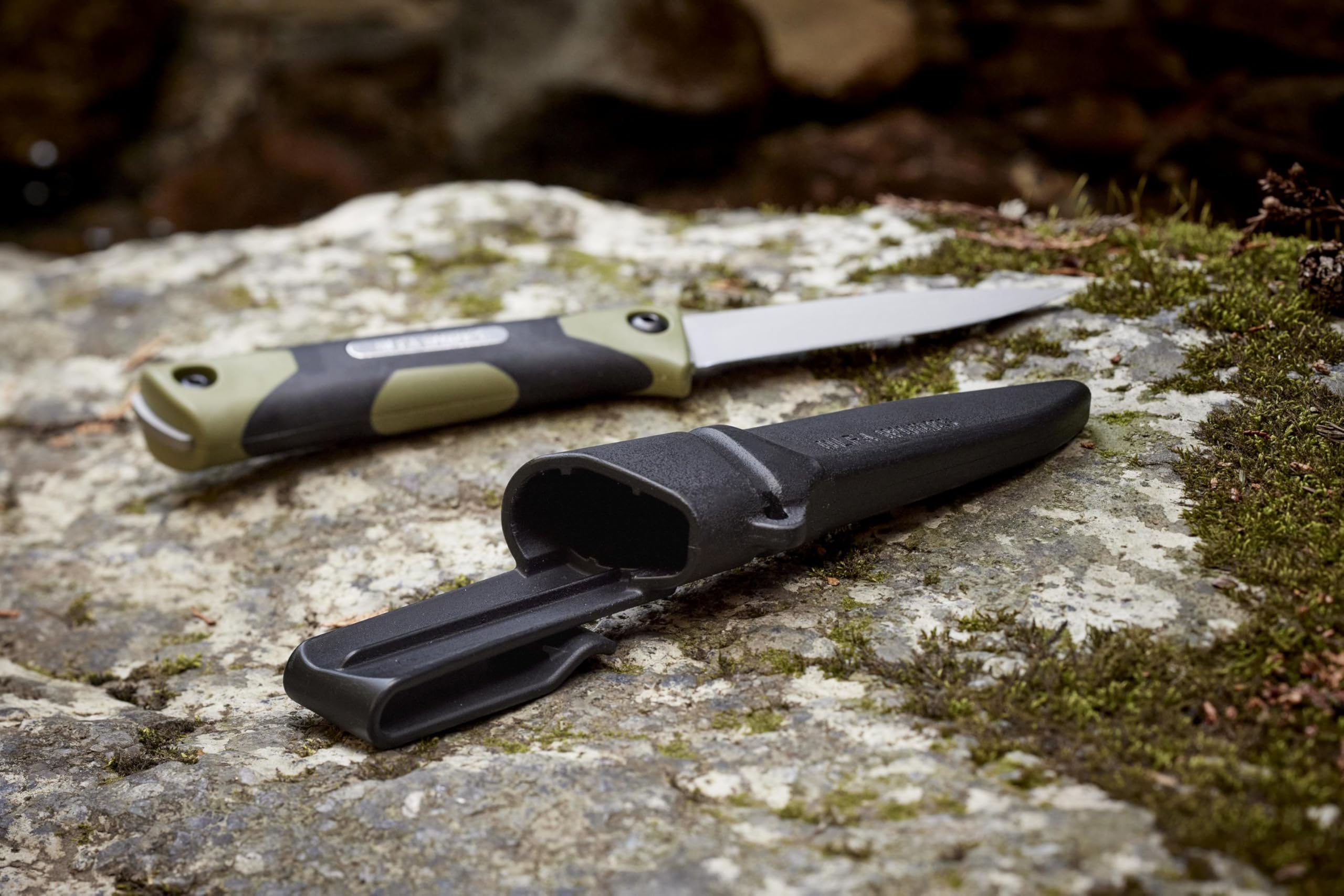 OLFA WORKS OW-BCK-1/SB SANGA Bushcraft Knife, 3.2mm Thick High Carbon Stainless Steel Blade - Great for Cutting, Scraping, Batoning and Compatible with Firestarters - Knife Sheath & Belt Clip (Sand) - Image 3