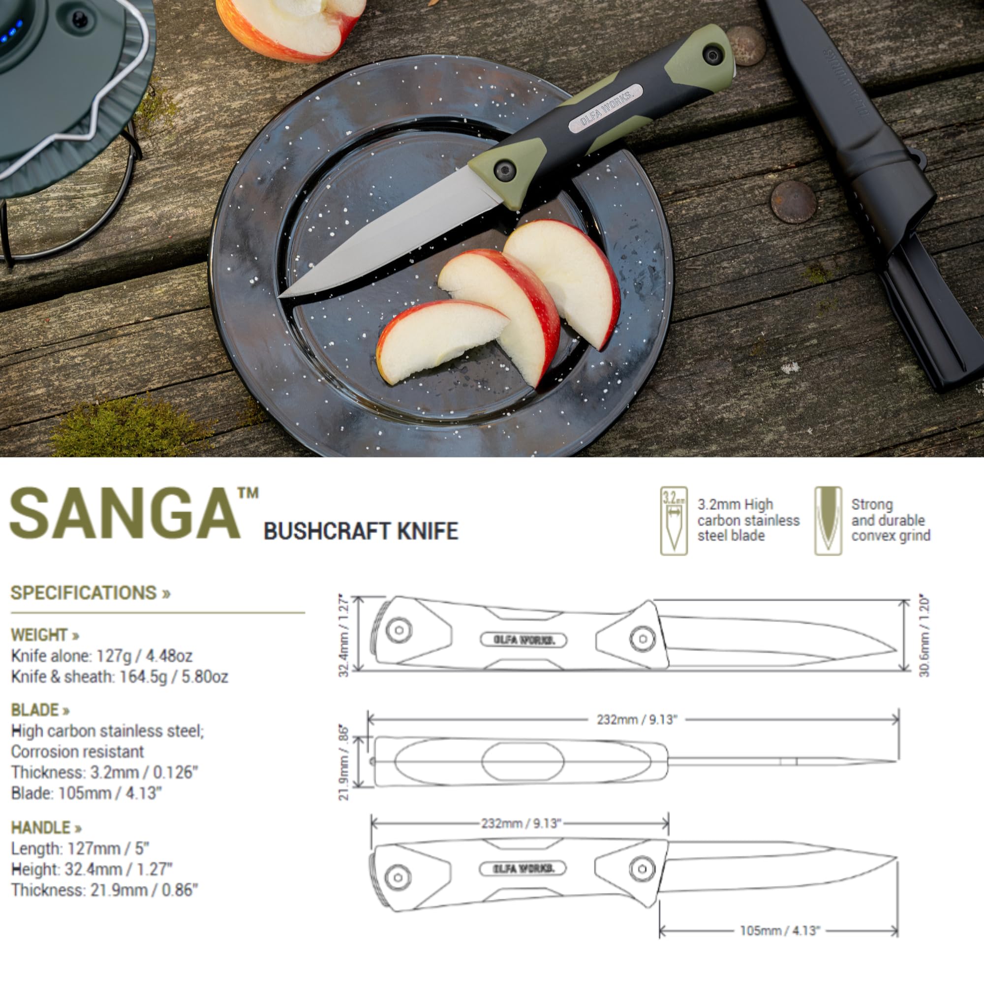 OLFA WORKS OW-BCK-1/SB SANGA Bushcraft Knife, 3.2mm Thick High Carbon Stainless Steel Blade - Great for Cutting, Scraping, Batoning and Compatible with Firestarters - Knife Sheath & Belt Clip (Sand) - Image 5