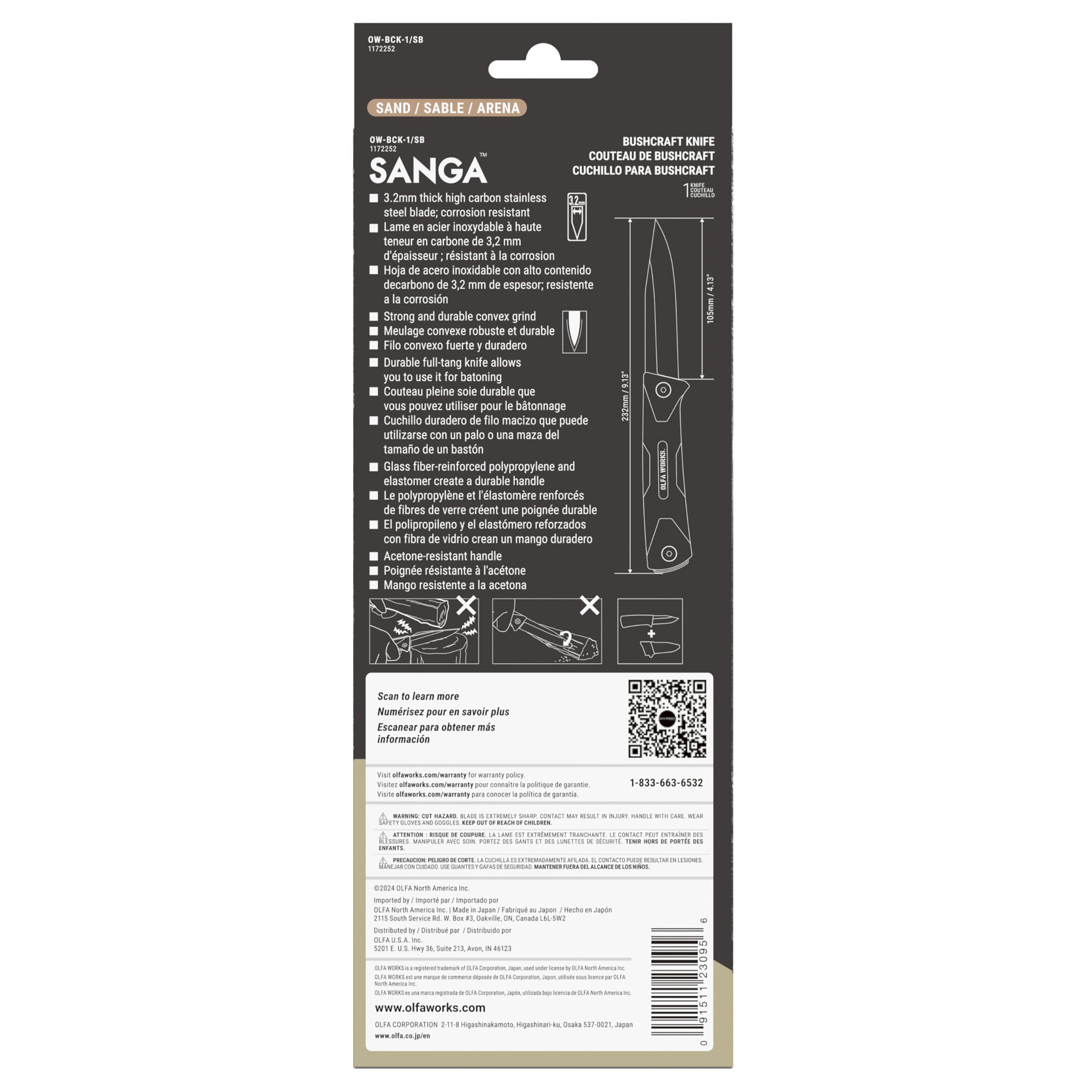 OLFA WORKS OW-BCK-1/SB SANGA Bushcraft Knife, 3.2mm Thick High Carbon Stainless Steel Blade - Great for Cutting, Scraping, Batoning and Compatible with Firestarters - Knife Sheath & Belt Clip (Sand) - Image 7