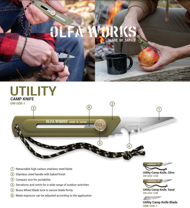 OLFA WORKS OW-UCK-1/SB Camp Knife High Carbon Stainless Steel Blade - Multipurpose Outdoor Knife, Great for Camping Activities - Brass Wheel Lock, Replacement Blade: OWB-UCB-1 (Sand) - Image 5